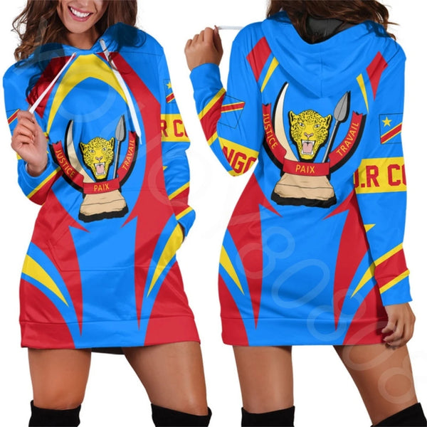 Democratic Republic of Congo Flag Tribal  Neck Slim Casual Long Sleeve  Ladies Hoodie Dress